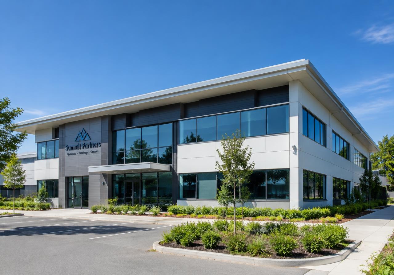 Low-rise commercial office building with clean roof edges and gutters
